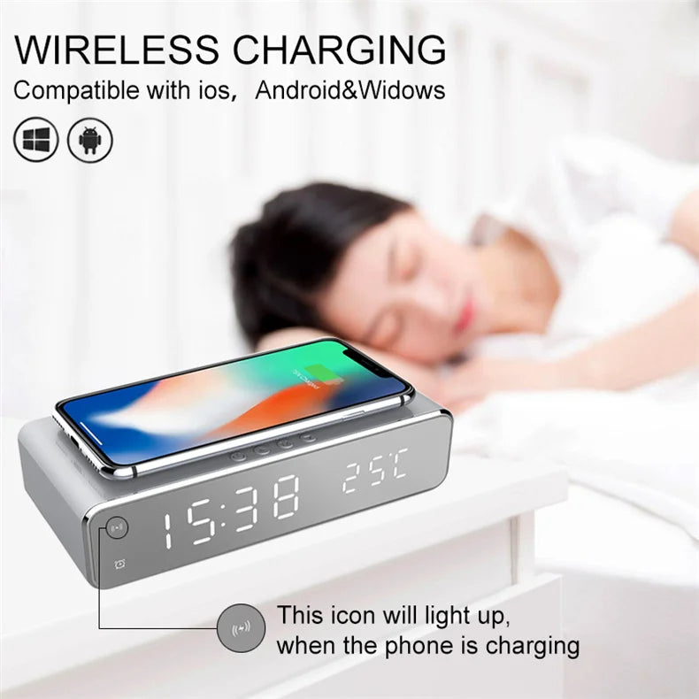 LED Mirror Alarm Clock with Wireless Charging