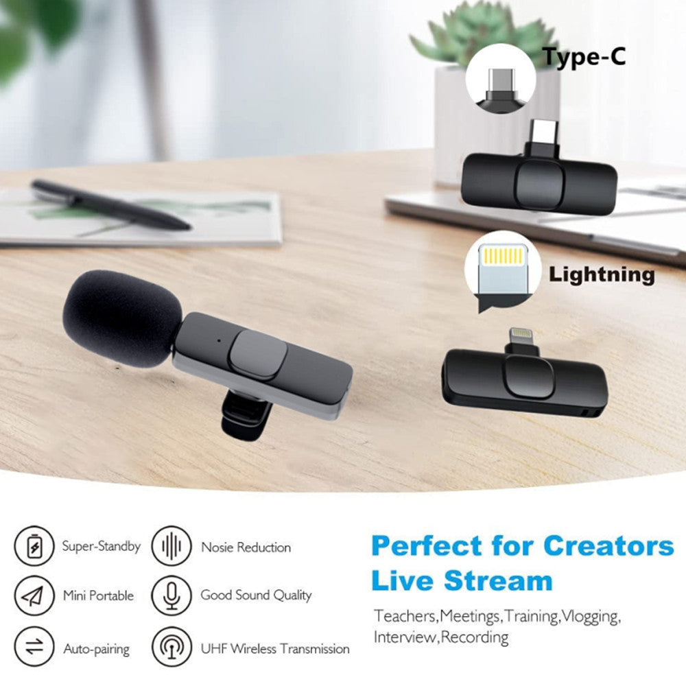 Wireless Lavalier Clip-On Microphone for iPhone, Android, Laptop (Lightning / USB-C)