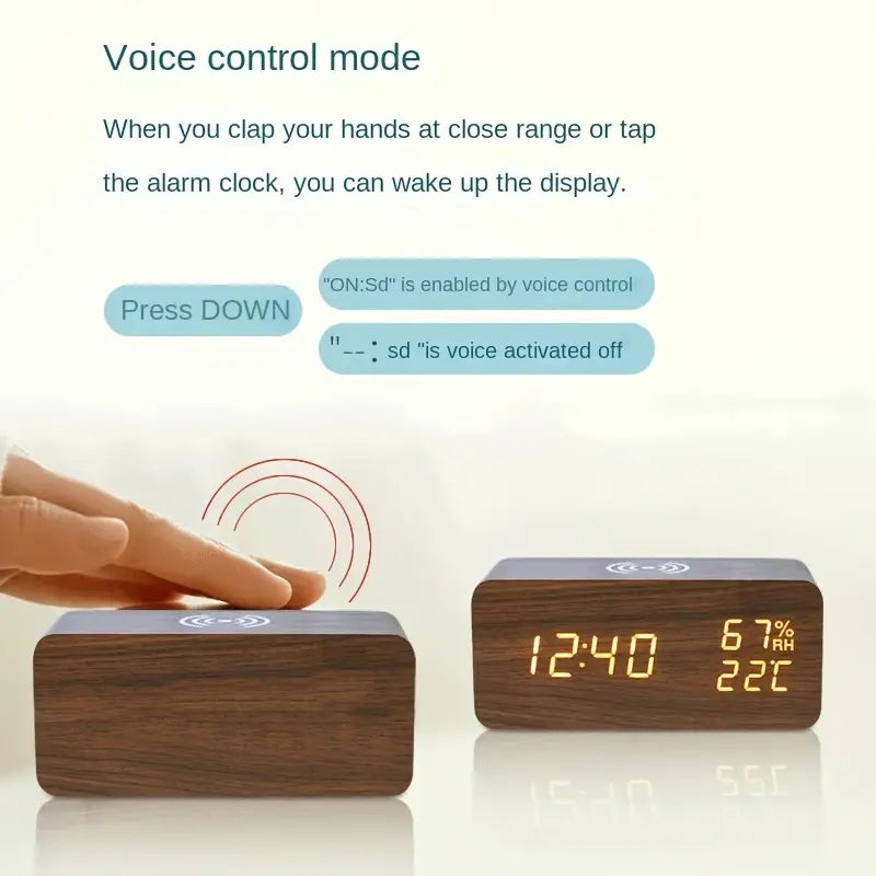 Wooden LED Electric Alarm Clock With Wireless Charger (USB or AAA)