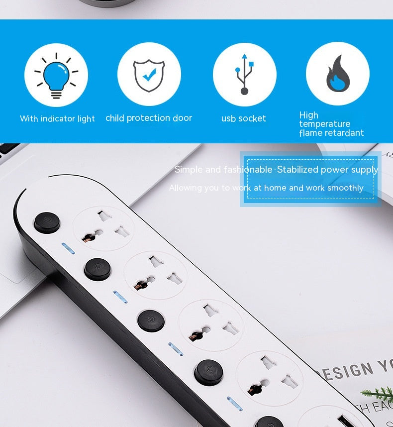 Multi-Switch Power Strip – 4 Plug Sockets + 3 USB (Fast Charging)