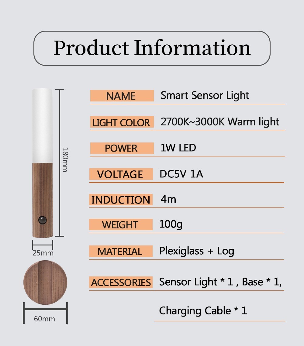 Motion Sensor LED USB Magnetic Wood Wireless Night Light (USB)