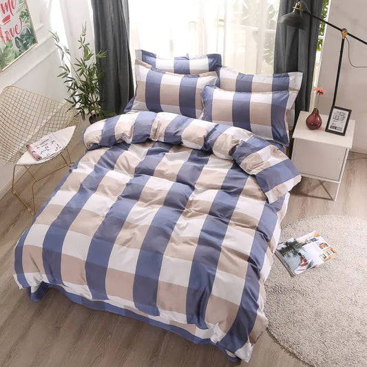 4-Piece Grid Pattern Bedding Set. 2 x Pillow Cases, Sheet, and Duvet Cover