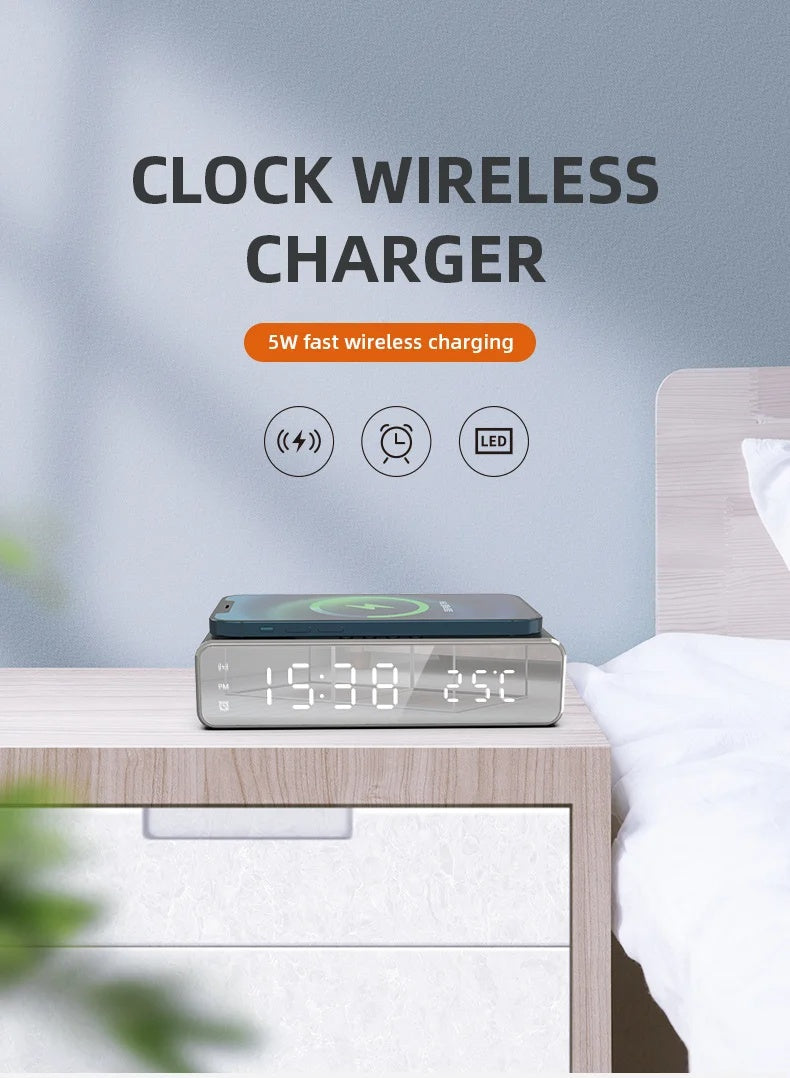 LED Mirror Alarm Clock with Wireless Charging