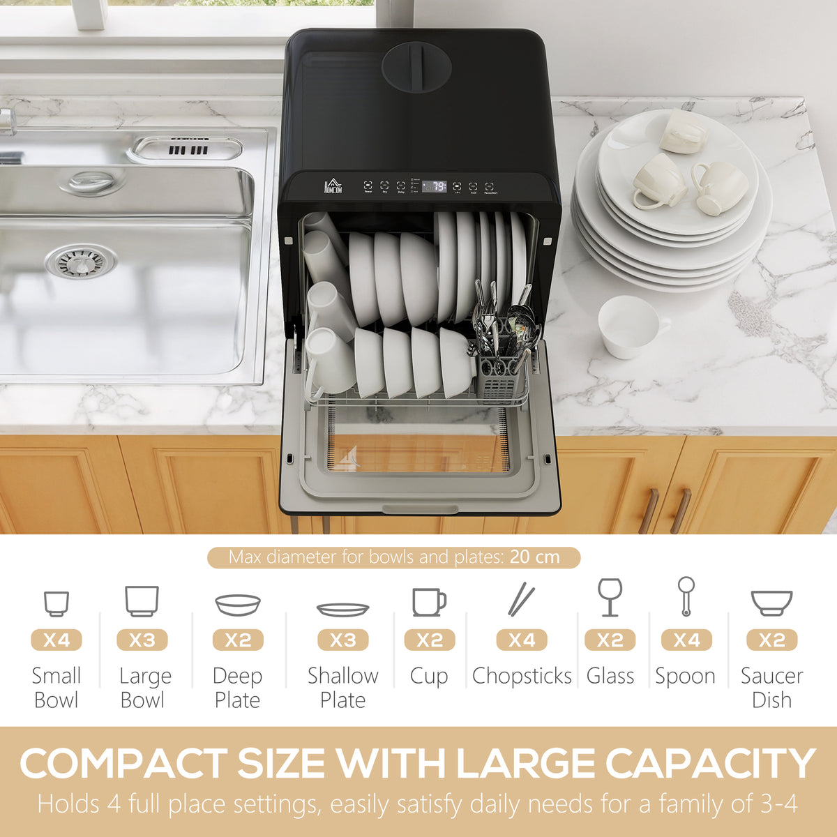 Tabletop Dishwasher, Mini Countertop Dishwasher with Built-In 6L Water Tank