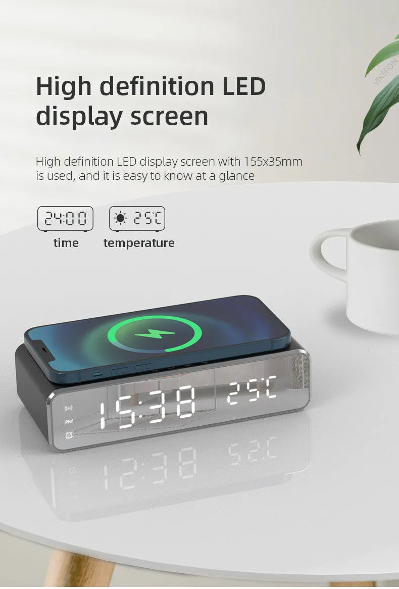 LED Mirror Alarm Clock with Wireless Charging