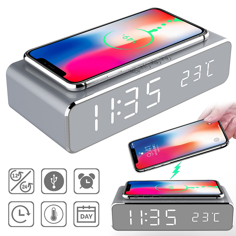 LED Mirror Alarm Clock with Wireless Charging