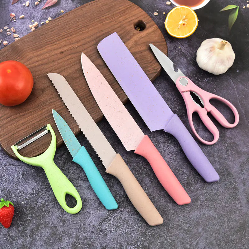 Colourful 6-Piece Kitchen Knifes, Peeler & Scissors Set