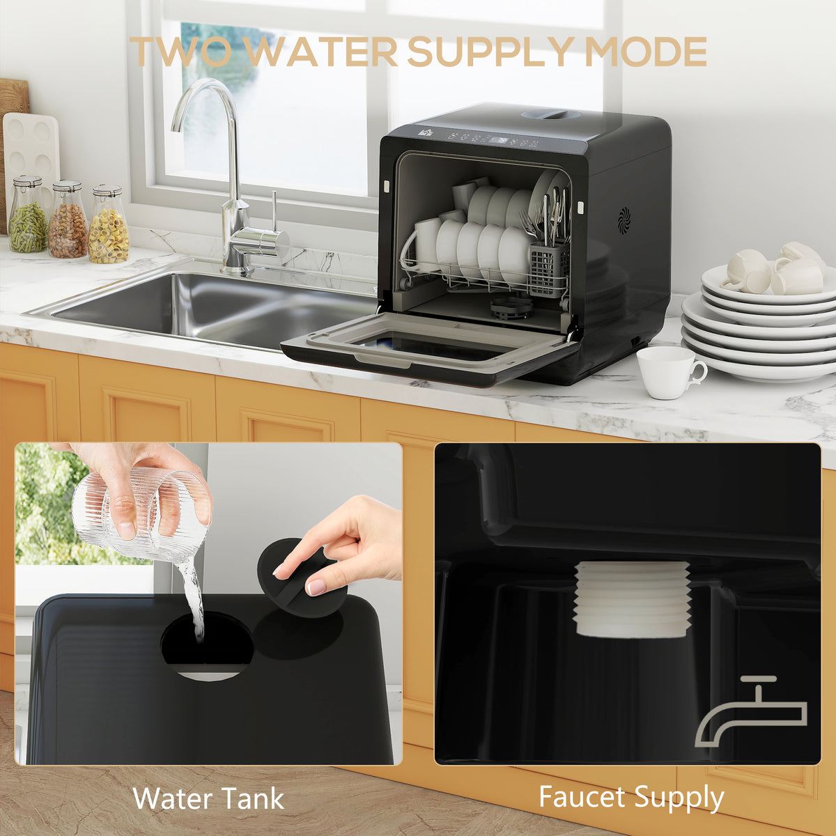 Tabletop Dishwasher, Mini Countertop Dishwasher with Built-In 6L Water Tank
