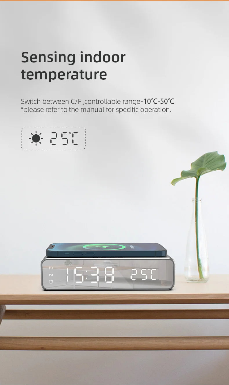 LED Mirror Alarm Clock with Wireless Charging