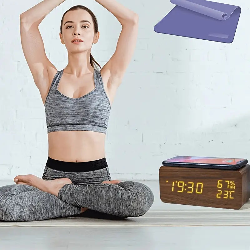 Wooden LED Electric Alarm Clock With Wireless Charger (USB or AAA)