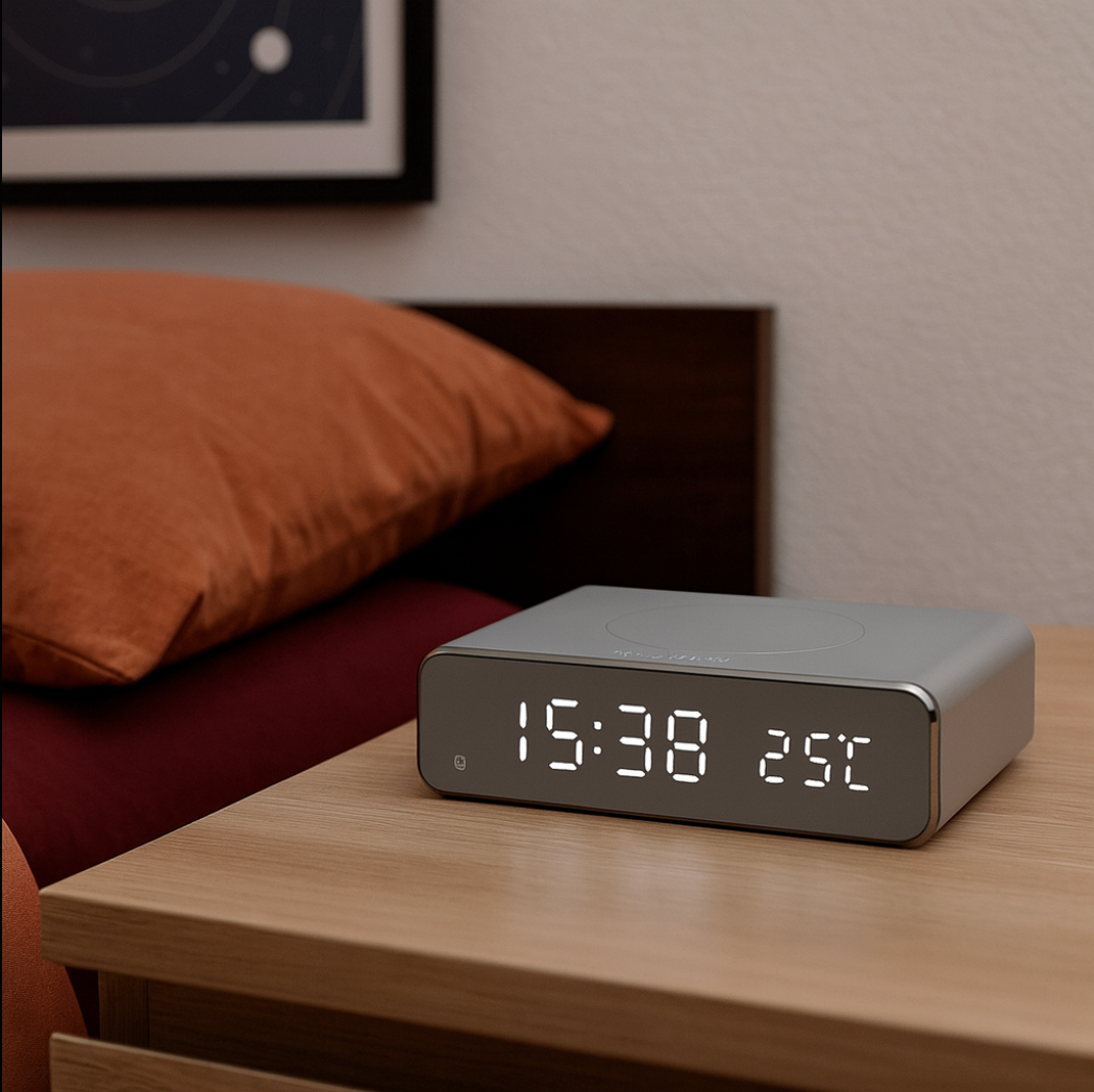 LED Mirror Alarm Clock with Wireless Charging