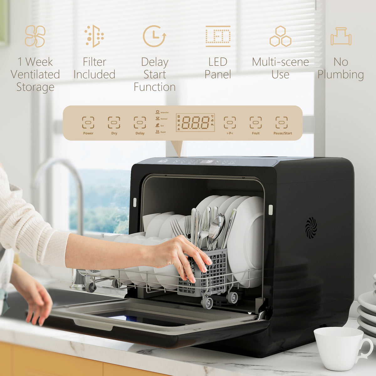Tabletop Dishwasher, Mini Countertop Dishwasher with Built-In 6L Water Tank