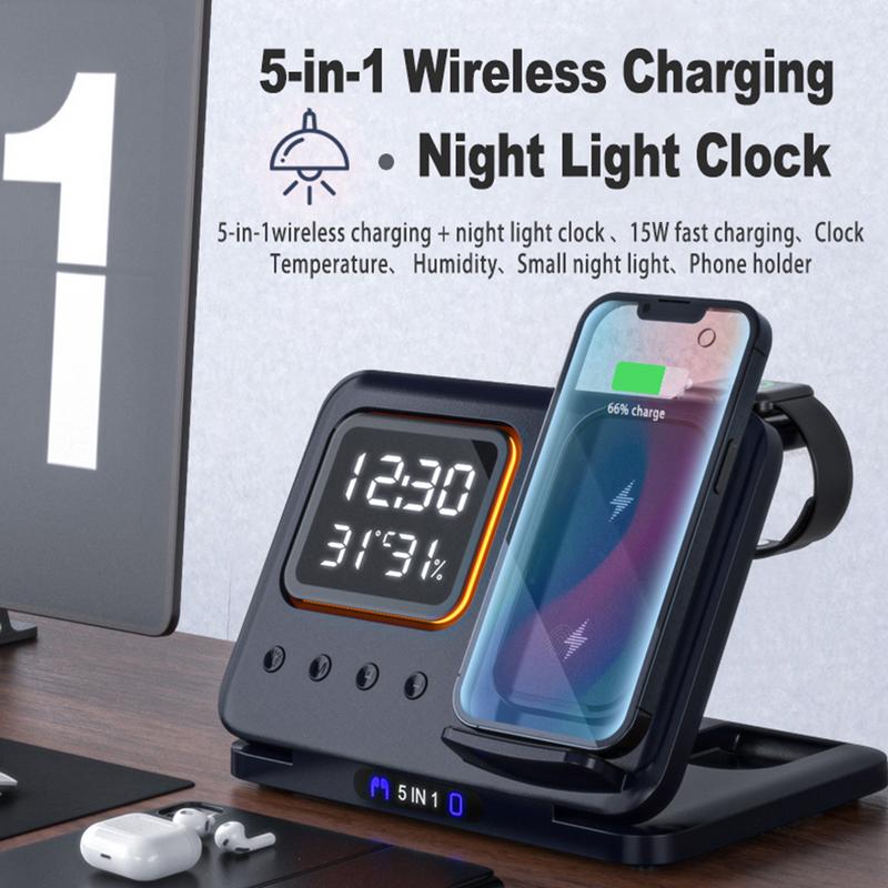 5-in-1 Wireless Charging Station & LED Alarm Clock