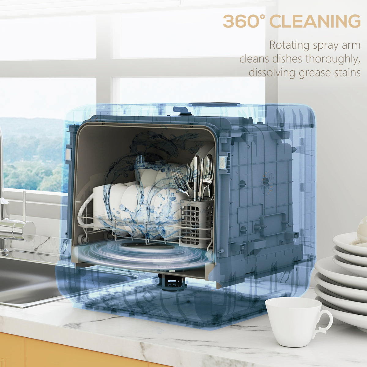 Tabletop Dishwasher, Mini Countertop Dishwasher with Built-In 6L Water Tank