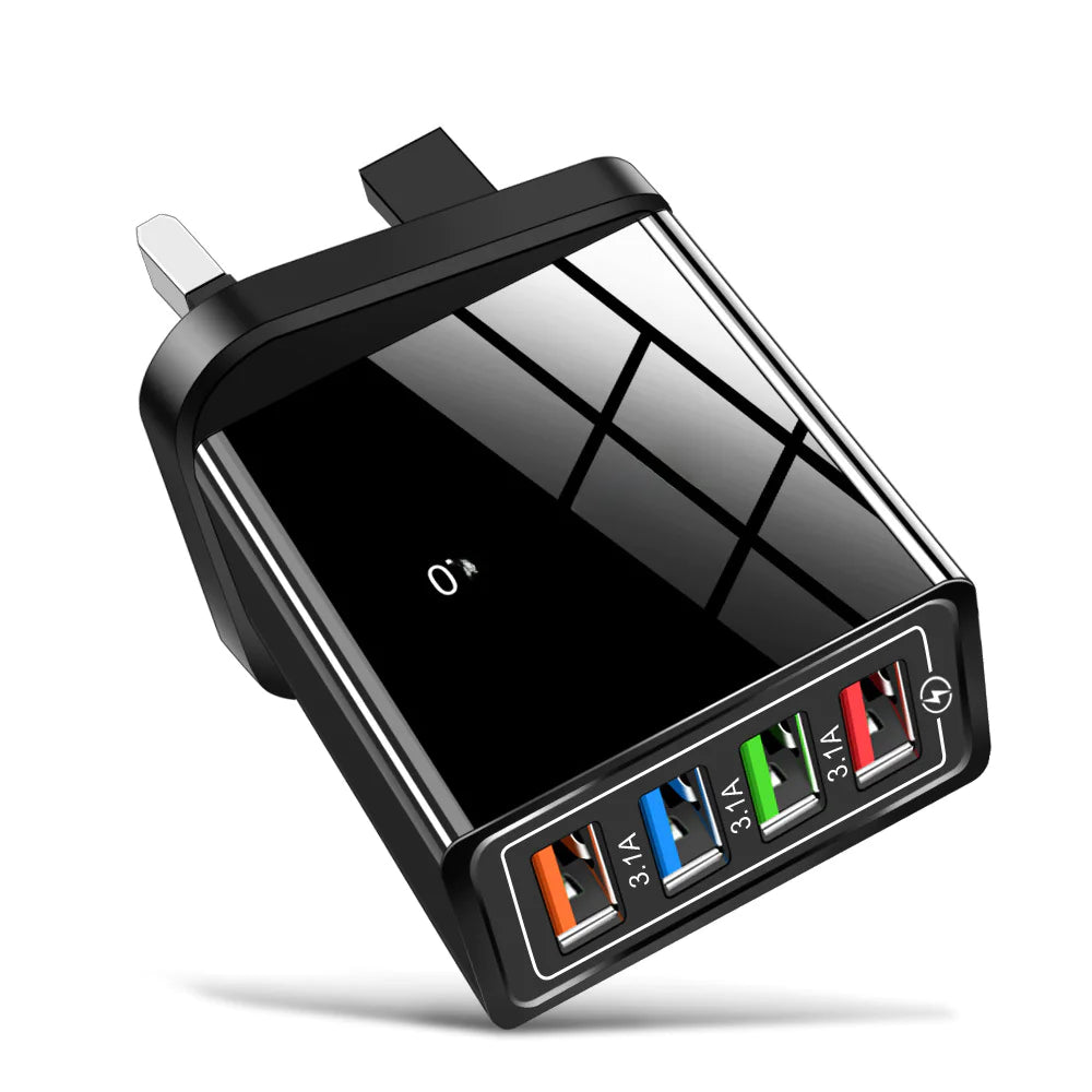 4-Port USB Charger with LED Light (UK Plug)