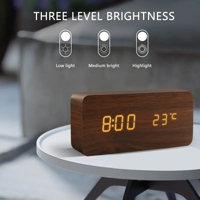 Wooden LED Electric Alarm Clock With Wireless Charger (USB or AAA)