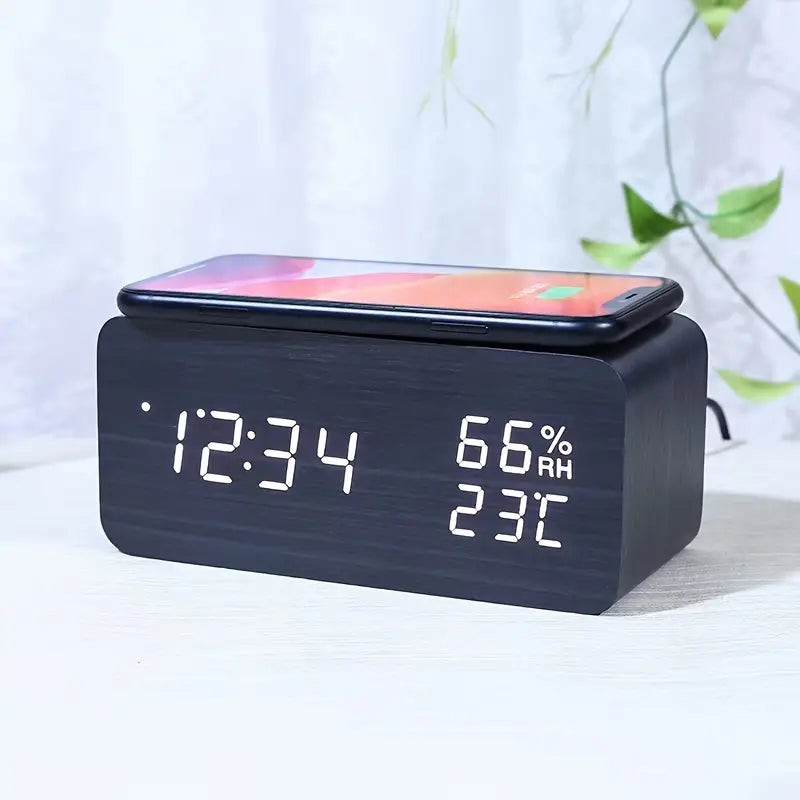 Wooden LED Electric Alarm Clock With Wireless Charger (USB or AAA)