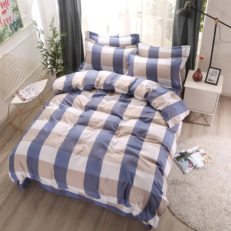 4-Piece Grid Pattern Bedding Set. 2 x Pillow Cases, Sheet, and Duvet Cover