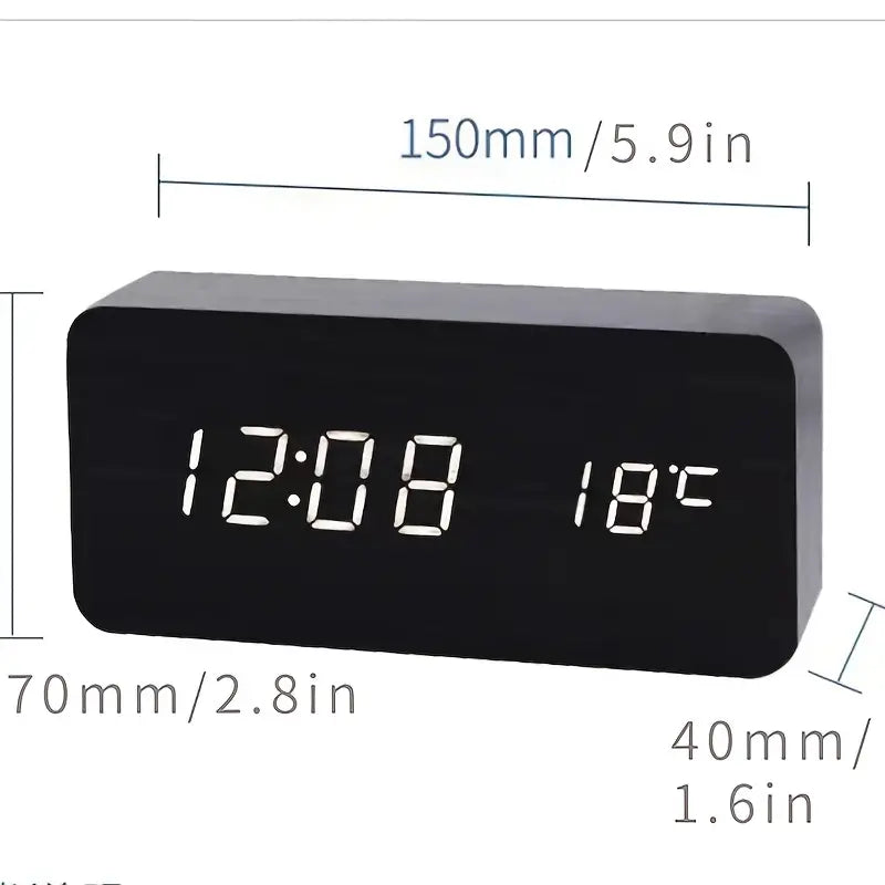 Wooden LED Electric Alarm Clock With Wireless Charger (USB or AAA)
